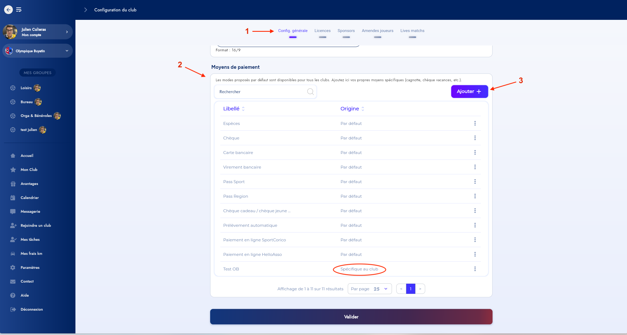 Configuration des moyens de paiement du club